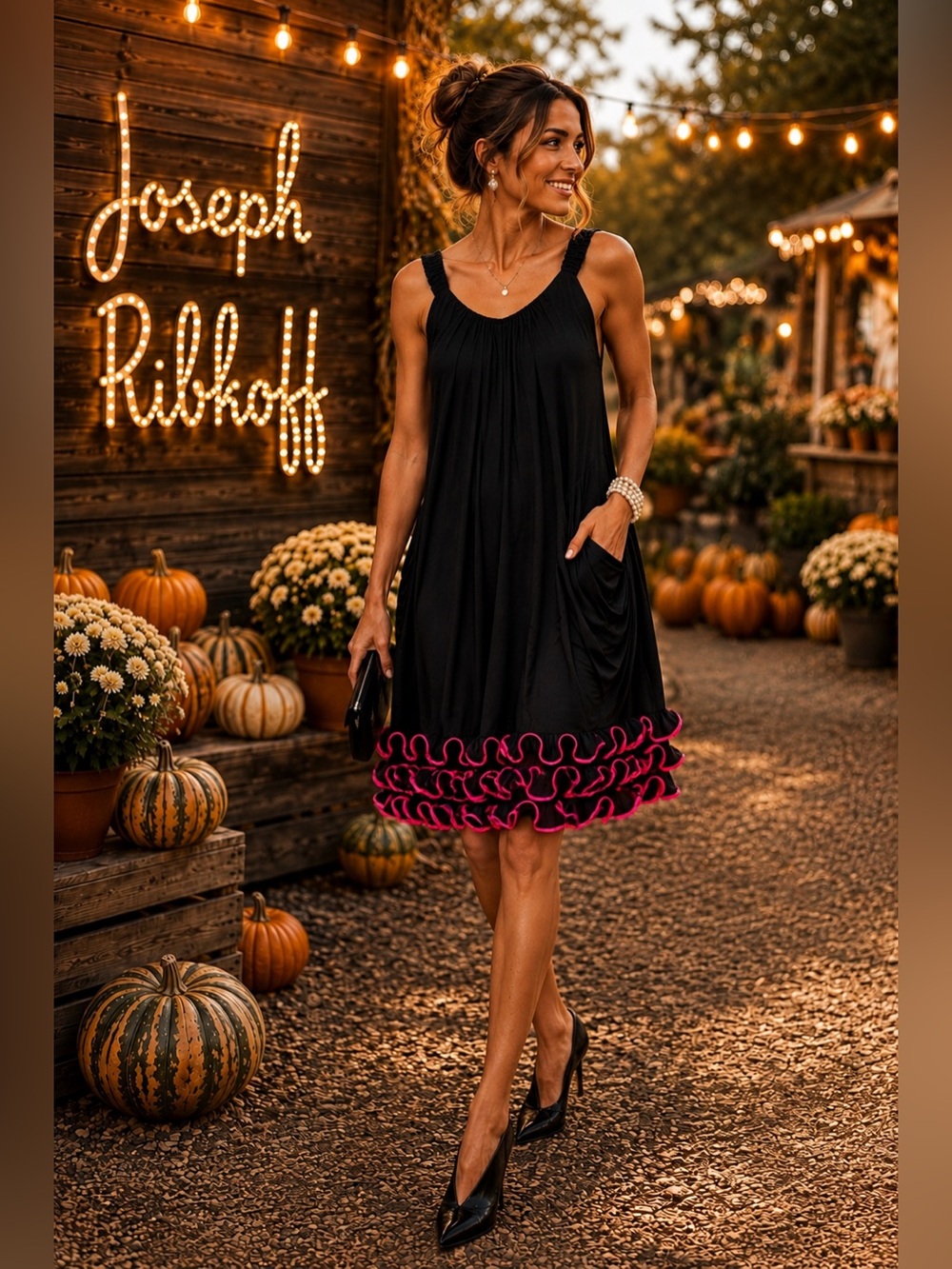 Joseph Ribkoff Vintage Black Hot Pink Ruffle Hem Cocktail Dress size 10